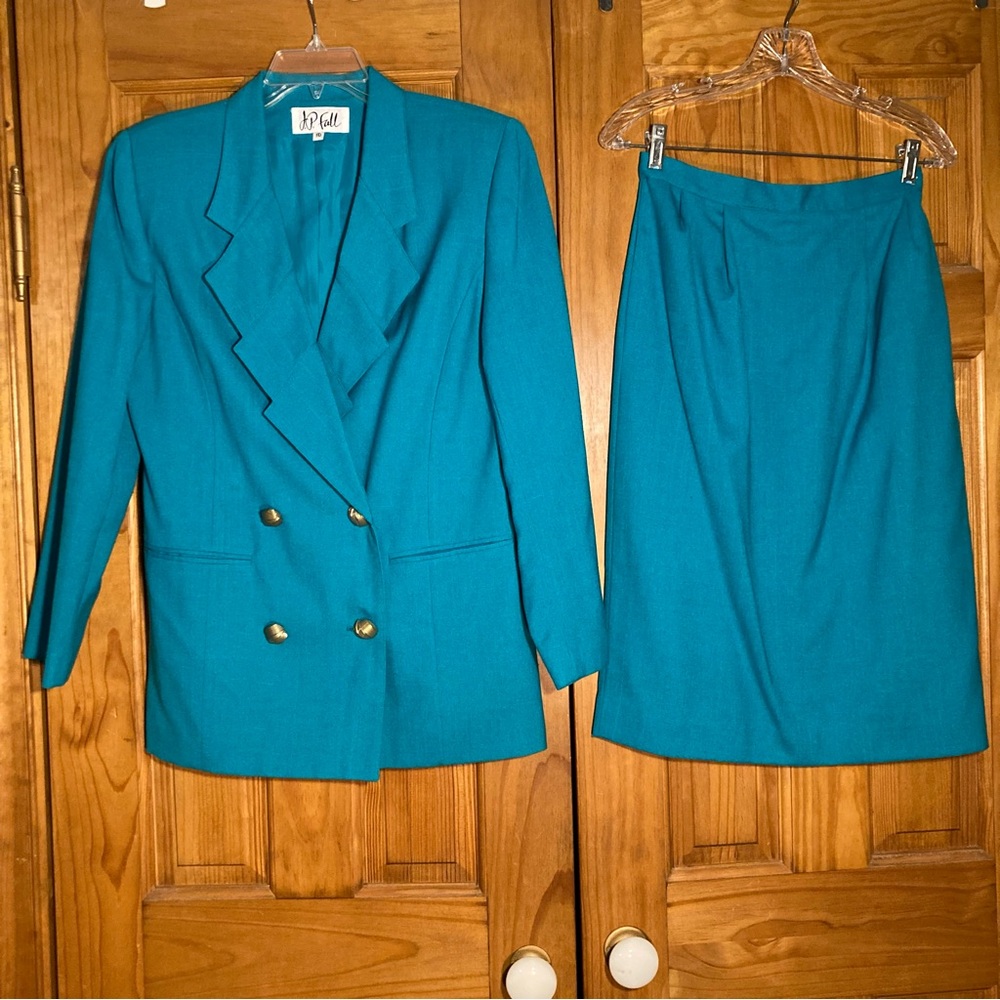 NWOT JP Fall Vintage 80s Skirt Suit Midi Blazer Blue Women's Size 10